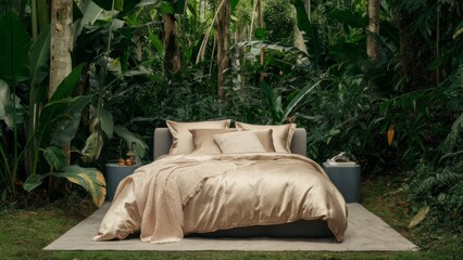 A plush bed with satin sheets set in a lush jungle environment, combining luxury with nature.Suitable for high-end travel advertising, luxury bedding promotions or nature-inspired home decor.