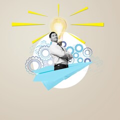 Paper plane with happy businessman and light bulb.