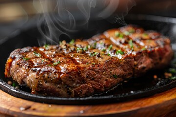 Juicy, perfectly grilled steak sizzling on a hot skillet, garnished with fresh herbs, capturing the essence of delicious, well-cooked meat cuisine.