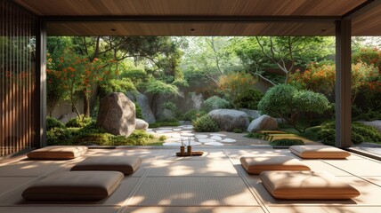 Fototapeta premium Minimalist Japanese zen garden view from traditional tea room with cushions, rocks, and lush greenery.