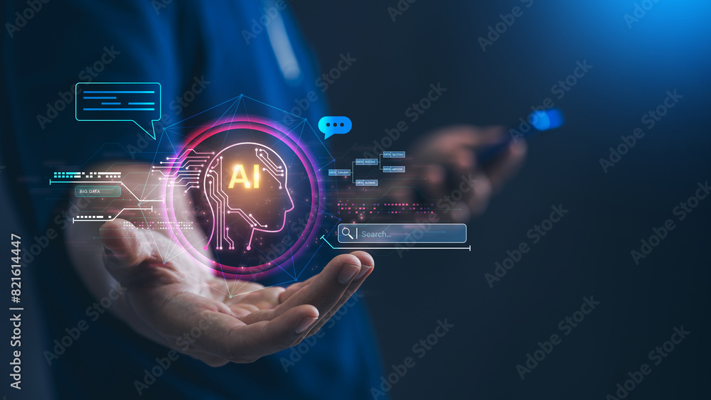 Poster artificial intelligence security document management , businessman using ai in a futuristic office f