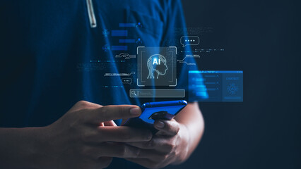 Businessman using Chatbot and Artificial Intelligence  for Advanced Data Analysis in a Modern Workspace for Enhanced Business Strategy and Innovation.