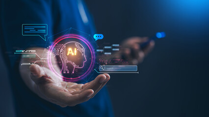 artificial intelligence security document management , Businessman using AI in a Futuristic Office for Data Analysis, Digital Transformation and Innovation in the Tech Industry.