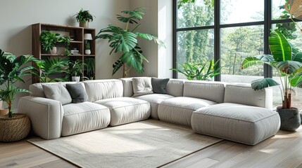 interior design of modern living room, home. corner sofa and shelving unit.
