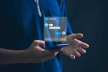 Chatbot Artificial Intelligence, Businessman using AI Chatbot for Innovative Solutions in a Modern Office, Embracing Digital Transformation and Business Growth in the Tech Industry.