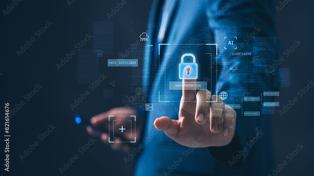 Poster cyber security and network data protection. businessman touch security padlock. smart solution from 