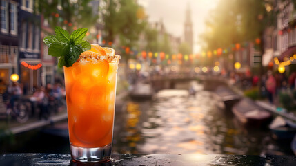 A sunset cocktail by a canal. The golden sun sets behind elegant buildings and a bridge, casting a warm glow on the scene. A perfect moment of tranquility.