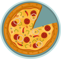 Mexican Pizza. Vector illustration of italian pizza. Pizza with chili, basil, tomato, peppers, onion and cheese