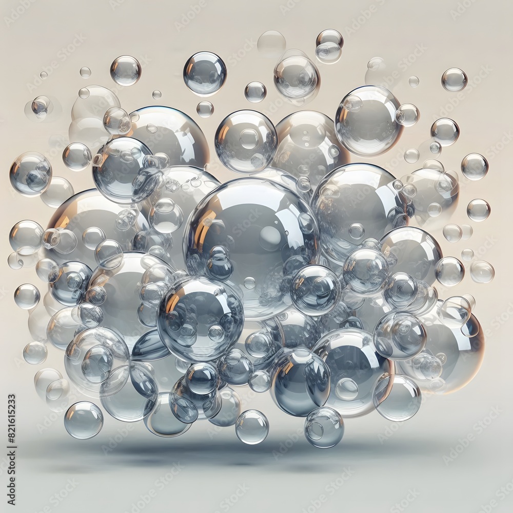 Poster a collection of transparent, reflective bubbles of various sizes floating against a neutral backgrou