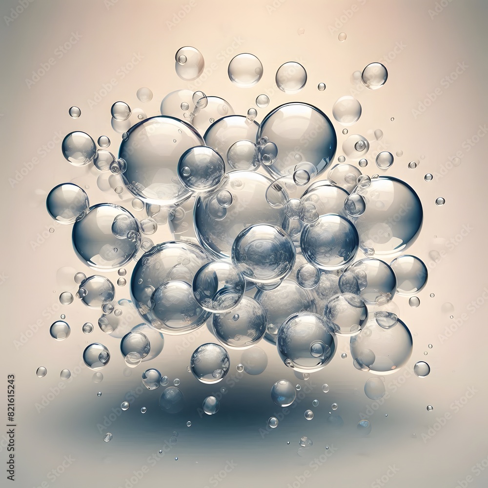 Poster a collection of transparent, reflective bubbles of various sizes floating against a neutral backgrou