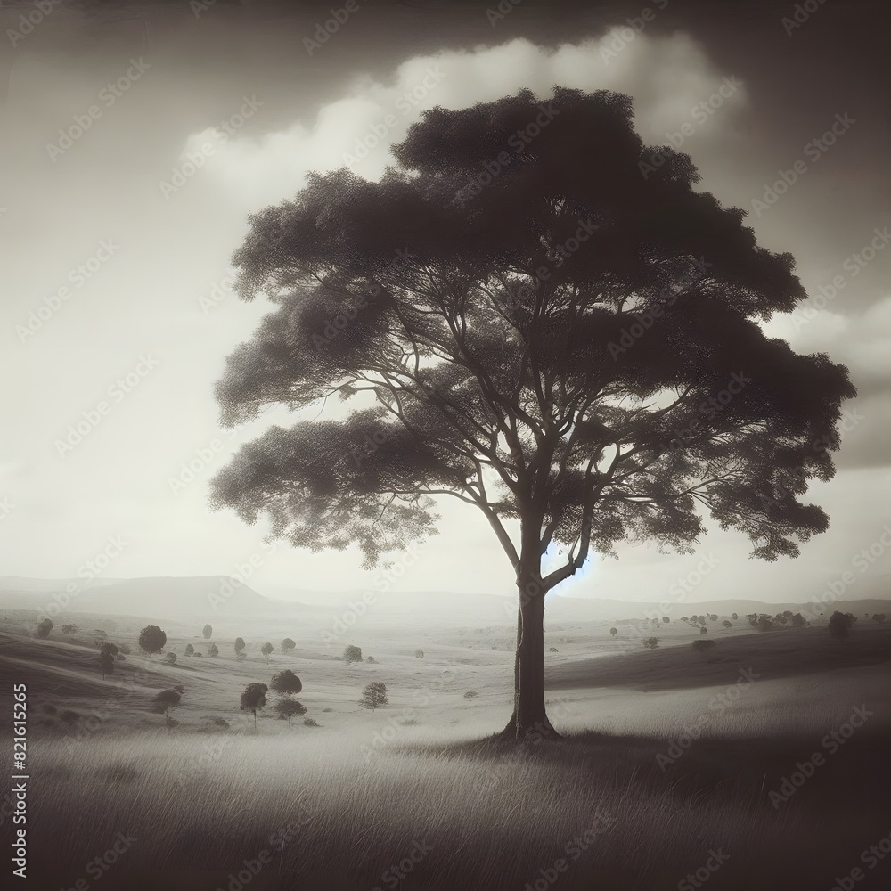 Poster a solitary tree in a vast open field with a clear focus on the tree and a blurred background generat