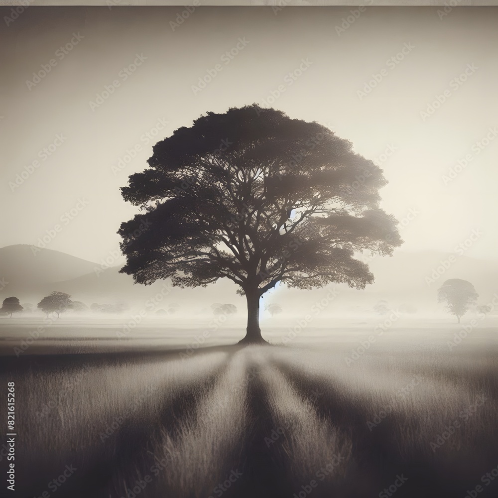 Poster a solitary tree in a vast open field with a clear focus on the tree and a blurred background generat