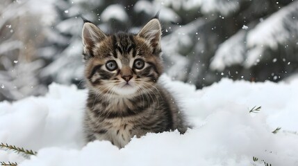 a cute kitten sitting outdoors looking at the camera, surrounded by snow