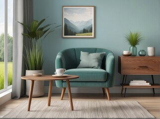 Cozy composition of living room interior with Cloudy Blue armchair, Brown pillow, Grass Green sideboard