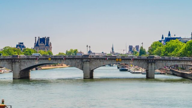 A timelapse of the Eiffel Tower along the river Seine with flyboats passing by with motion blur.Sunny but cloudy spring summer day paris city famous riverside bay tower view bridge timelapse panorama