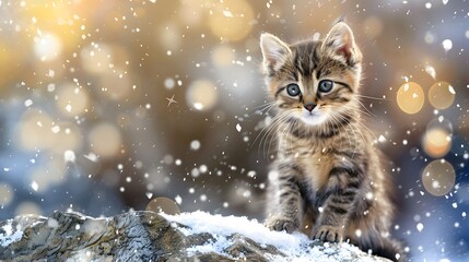 a cute kitten sitting outdoors looking at the camera, surrounded by snow