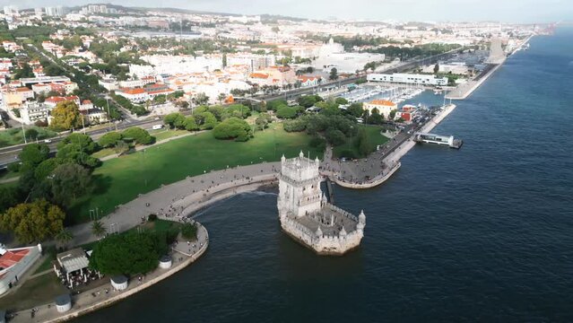 Aerial view, Torre de Belem, Lisbon, Portugal, Europe