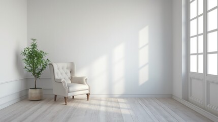 Interior of a light-filled living room with an armchair against a blank white wall