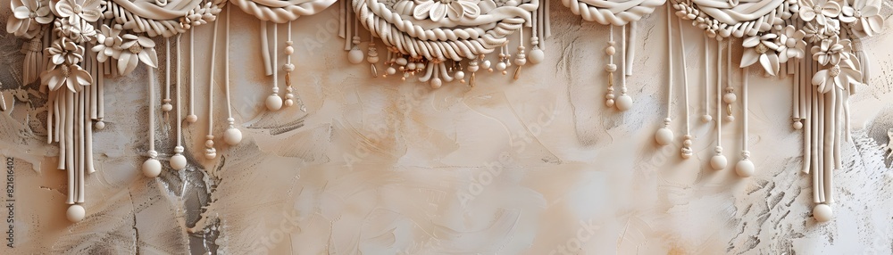 Poster bohemian macrame frame with knotted patterns and beads in soft earth tones isolated concept with cop