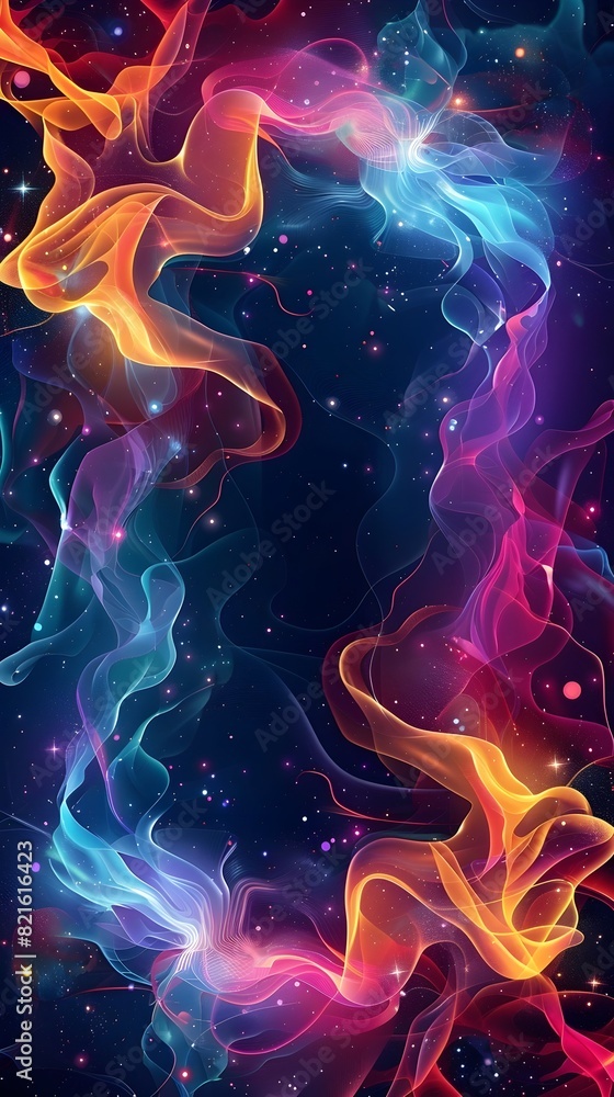 Poster flowing liquid frames and psychedelic patterns in a cosmic galaxy with vibrant colors and dynamic mo