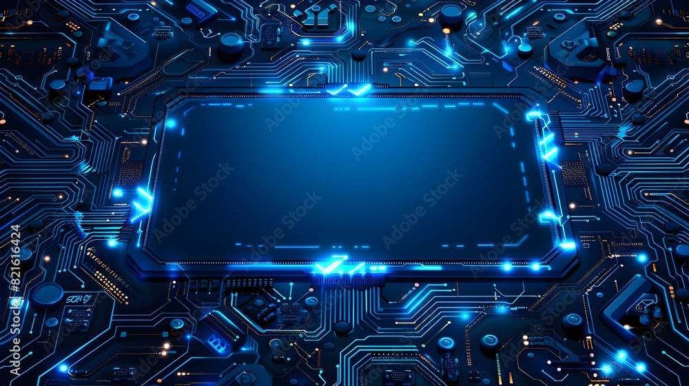 Poster cybernetic tech frame with circuit board patterns and glowing led lights for futuristic and high tec