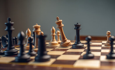 A wooden chessboard with pieces. Checkmate and the fall of the king by white