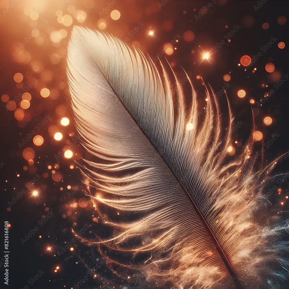 Poster a single feather with a soft texture, displaying intricate details and patterns on its surface gener