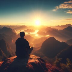 Obraz premium A person sitting on a rock with their back to the camera generated by ai