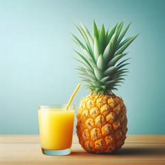 A whole pineapple next to a glass of pineapple juice with a straw generated by ai