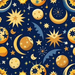 Naklejka premium Seamless pattern of celestial motifs like stars, moons, and constellations, perfect for a celestial-themed gift wrap, Generative AI