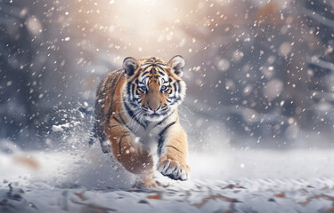 A tiger cub running in the snow, with snowflakes flying around it and motion blur - Powered by Adobe