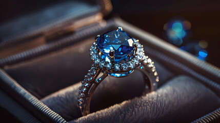 A blue diamond ring is in a box