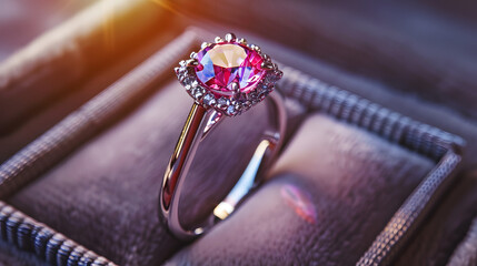A pink diamond ring is in a box