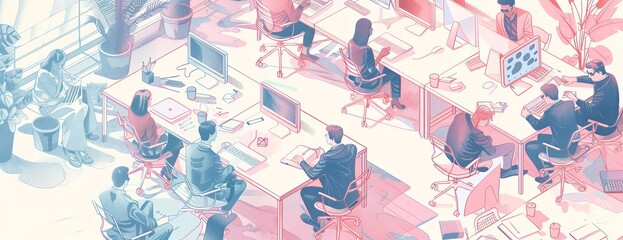 Fototapeta premium Illustrate a busy office environment with a soft pastel color palette