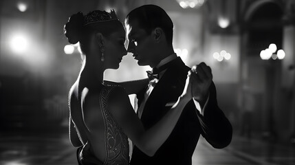 A man and woman are dancing in a ballroom