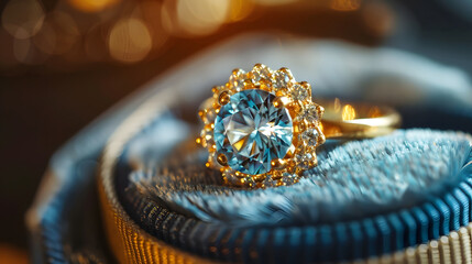 A blue and gold ring with a blue stone in the center