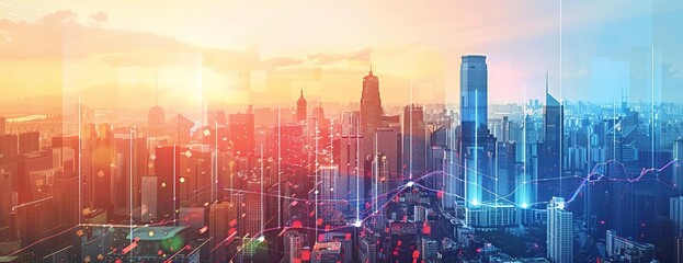 A beautiful cityscape with a bright orange sky and blue buildings. The city is full of skyscrapers and the lights from the buildings are reflecting off the water.