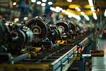 Fototapeta premium ndustrial assembly line featuring aircraft engine parts on a conveyor platform