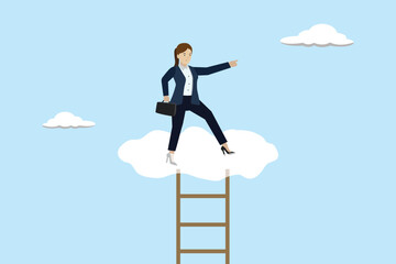 Business opportunity, leadership vision to see company strategy to achieve target concept, businesswoman leader climbing the ladder to high clouds to guide the company in the right direction.