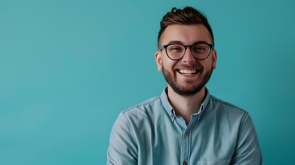 Obraz premium Cheerful Corporate Professional Working on Vibrant Blue Background