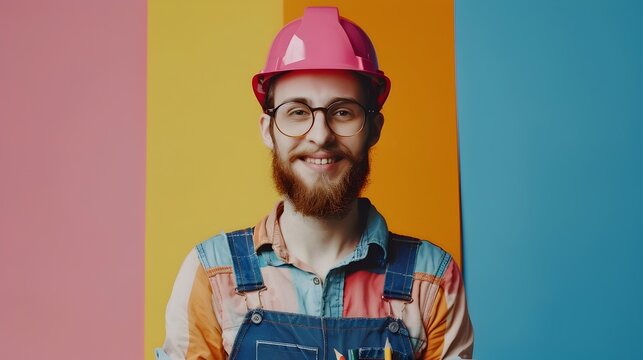 Cheerful Construction Worker Wearing Hardhat on Vibrant Background