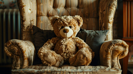 A teddy bear is sitting in a chair