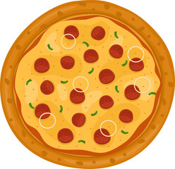 Pepperoni Pizza. Vector illustration of italian pizza. Pizza with pepperoni, vegetable, onion and cheese