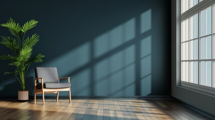 A stylish modern wooden living room has an armchair on empty dark blue wall background