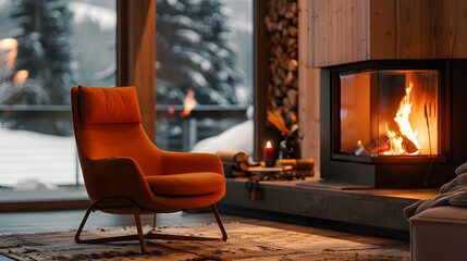 A cozy living room with a fireplace and an orange chair