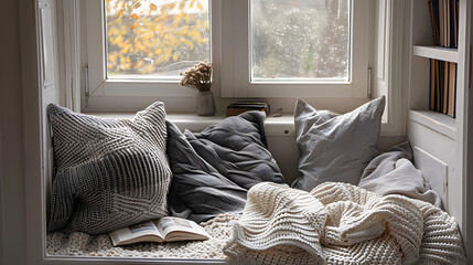 A cozy bedroom with a window and a white comforter