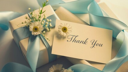  A beautifully wrapped gift box with a blue ribbon and white flowers, accompanied by a ,,Thank You,, card, creating a heartfelt and elegant presentation.