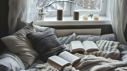 A cozy bedroom with a bed, pillows, and a blanket