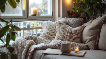 A cozy living room with a white blanket draped over a couch, a book on the couch