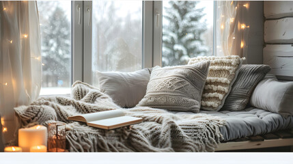 A cozy bedroom with a bed covered in blankets and pillows